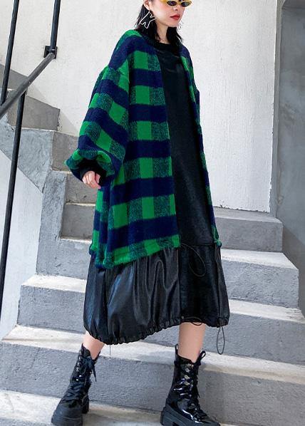 French green plaid cotton clothes drawstring Plus Size patchwork Dress - bagstylebliss