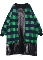 French green plaid cotton clothes drawstring Plus Size patchwork Dress - bagstylebliss