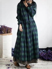 French green plaid cotton dresses v neck drawstring Traveling spring Dresses - bagstylebliss