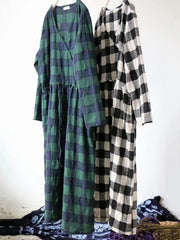 French green plaid cotton dresses v neck drawstring Traveling spring Dresses - bagstylebliss