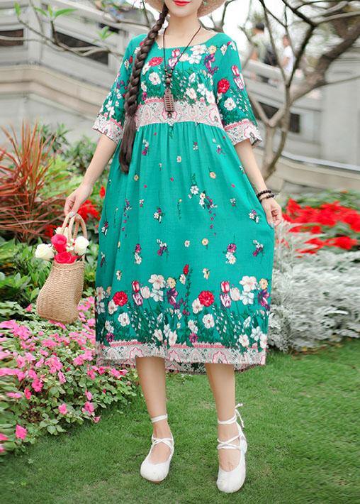 French green print Cotton o neck half sleeve loose summer Dresses - bagstylebliss