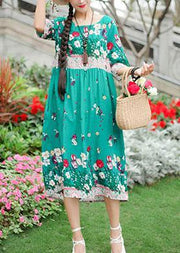 French green print Cotton o neck half sleeve loose summer Dresses - bagstylebliss