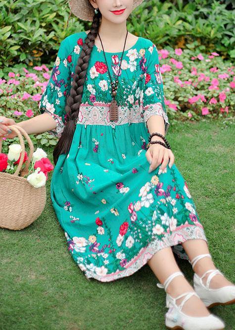 French green print Cotton o neck half sleeve loose summer Dresses - bagstylebliss