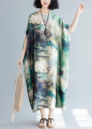 French green print clothes Women o neck batwing sleeve Traveling summer Dresses - bagstylebliss