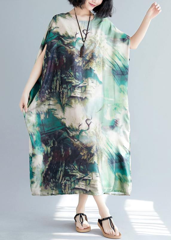 French green print clothes Women o neck batwing sleeve Traveling summer Dresses - bagstylebliss