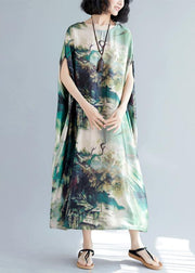 French green print clothes Women o neck batwing sleeve Traveling summer Dresses - bagstylebliss