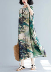 French green print clothes Women o neck batwing sleeve Traveling summer Dresses - bagstylebliss