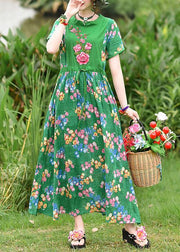 French green print cotton clothes tie waist embroidery cotton robes summer Dress - bagstylebliss