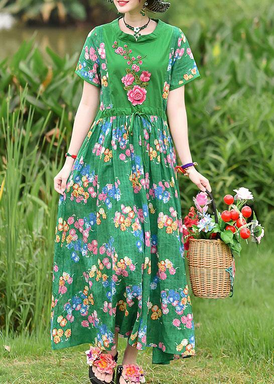 French green print cotton clothes tie waist embroidery cotton robes summer Dress - bagstylebliss