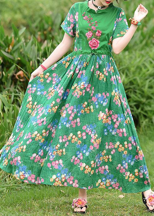 French green print cotton clothes tie waist embroidery cotton robes summer Dress - bagstylebliss