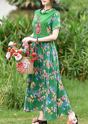 French green print cotton clothes tie waist embroidery cotton robes summer Dress - bagstylebliss