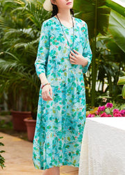 French green print linen clothes For Women o neck pockets loose summer Dress - bagstylebliss