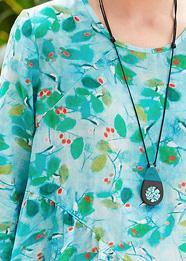 French green print linen clothes For Women o neck pockets loose summer Dress - bagstylebliss