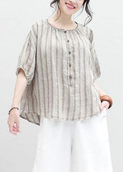French half sleeve linen Blouse Sewing summer shirt khaki striped - bagstylebliss