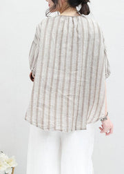 French half sleeve linen Blouse Sewing summer shirt khaki striped - bagstylebliss