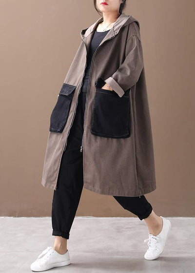 French hooded Large pockets Fine tunics for women denim khaki Knee winter outwear - bagstylebliss