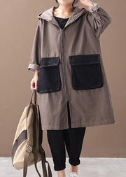 French hooded Large pockets Fine tunics for women denim khaki Knee winter outwear - bagstylebliss