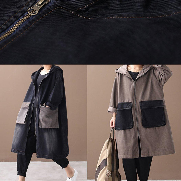 French hooded Large pockets Fine tunics for women denim khaki Knee winter outwear - bagstylebliss