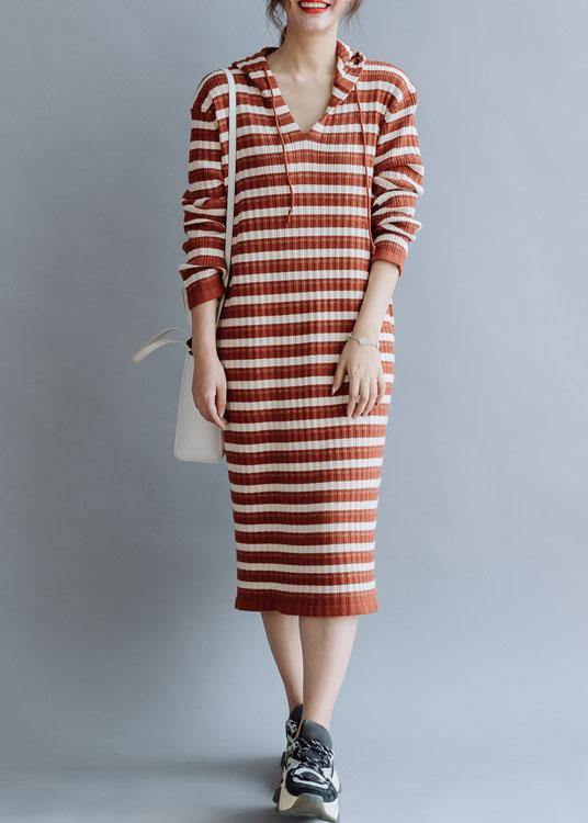 French hooded cotton Tunics Wardrobes red striped loose Dresses fall - bagstylebliss