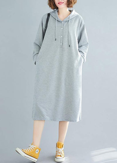 French hooded drawstring Cotton spring Tunics gray Dresses - bagstylebliss
