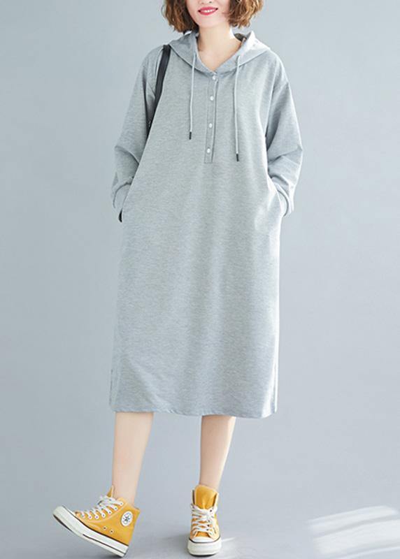 French hooded drawstring Cotton spring Tunics gray Dresses - bagstylebliss