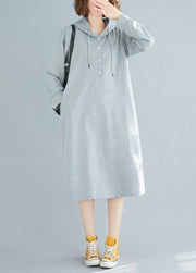 French hooded drawstring Cotton spring Tunics gray Dresses - bagstylebliss