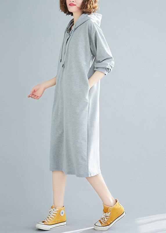 French hooded drawstring Cotton spring Tunics gray Dresses - bagstylebliss