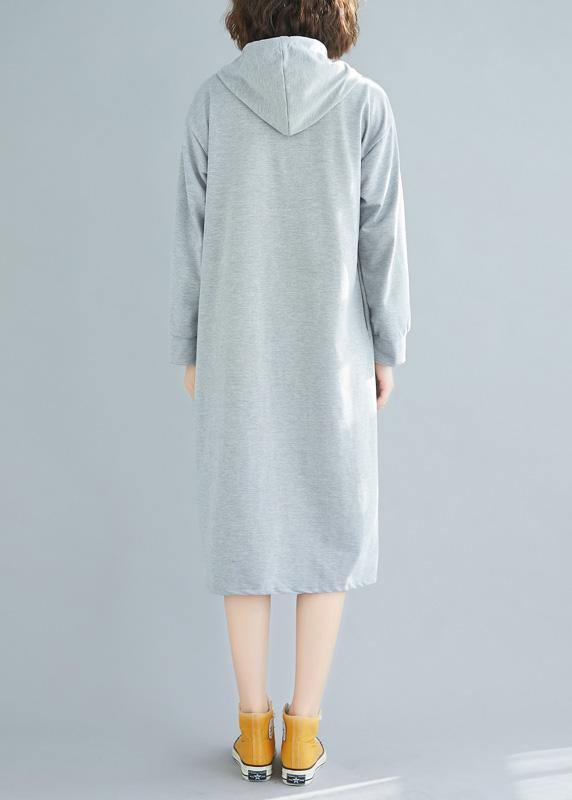 French hooded drawstring Cotton spring Tunics gray Dresses - bagstylebliss