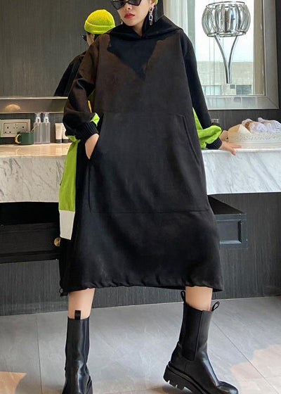 French hooded patchwork Long dress Outfits black Dress - bagstylebliss