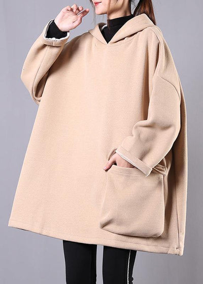 French hooded thick cotton linen tops women khaki shirt - bagstylebliss
