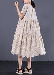 French khaki cotton dresses asymmetric hollow out Art summer Dresses - bagstylebliss