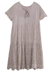 French khaki cotton dresses asymmetric hollow out Art summer Dresses - bagstylebliss