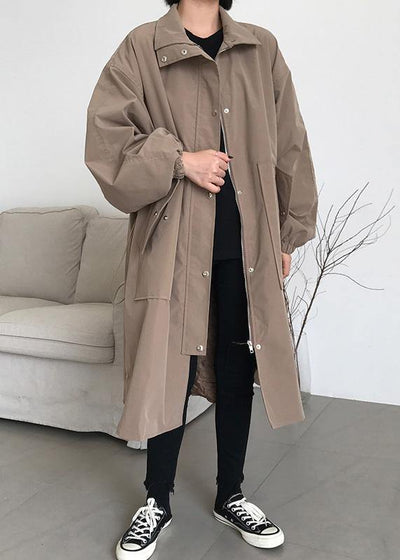 French khaki fine maxi coat Wardrobes zippered lapel collar women coats - bagstylebliss