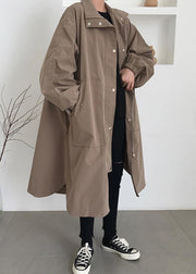 French khaki fine maxi coat Wardrobes zippered lapel collar women coats - bagstylebliss