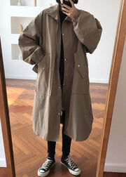 French khaki fine maxi coat Wardrobes zippered lapel collar women coats - bagstylebliss