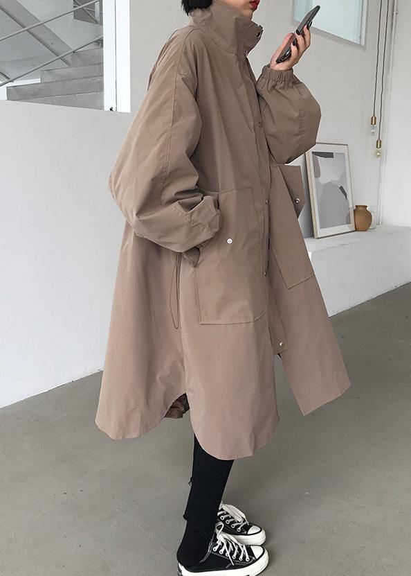 French khaki fine maxi coat Wardrobes zippered lapel collar women coats - bagstylebliss