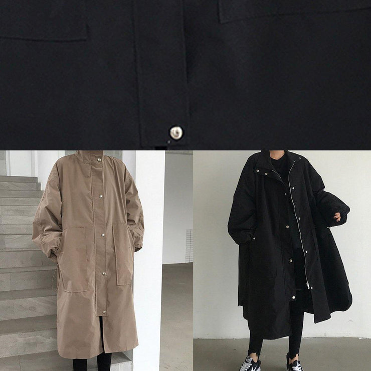 French khaki fine maxi coat Wardrobes zippered lapel collar women coats - bagstylebliss