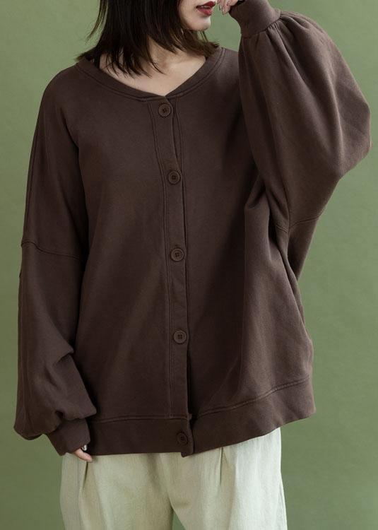 French lantern sleeve Button Down cotton tops women design chocolate shirt fall - bagstylebliss