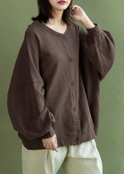 French lantern sleeve Button Down cotton tops women design chocolate shirt fall - bagstylebliss