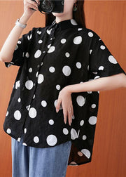 French lapel asymmetric linen cotton tunic top black dotted daily blouses - bagstylebliss