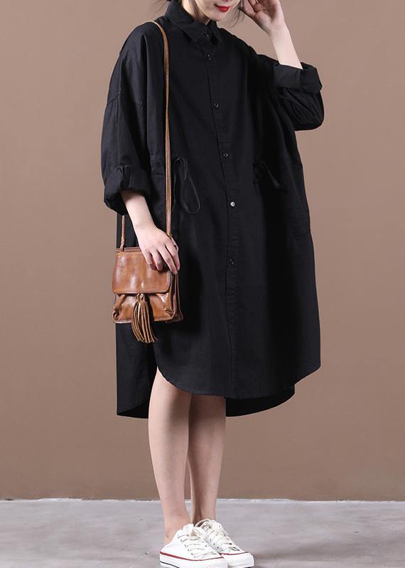 French lapel drawstring spring Wardrobes Neckline black Dress - bagstylebliss