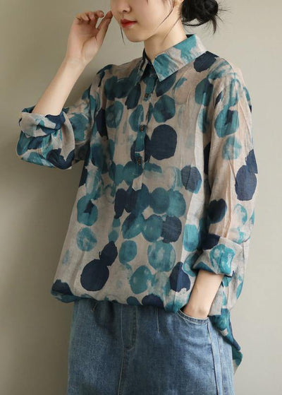 French lapel fall Tunic Wardrobes blue dotted blouses - bagstylebliss