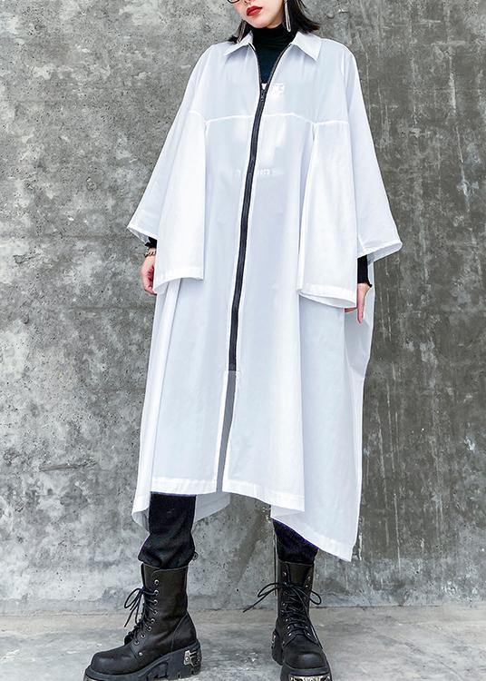 French lapel zippered Fashion crane coats white Midi women coats - bagstylebliss