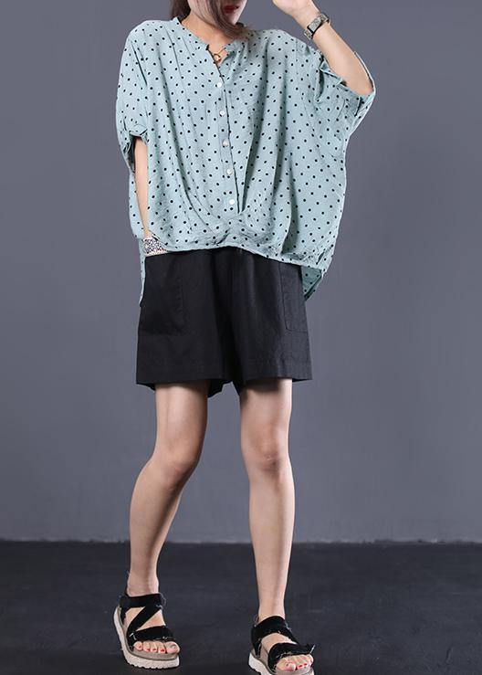 French light blue asymmetric dotted cotton shirts women v neck loose summer tops - bagstylebliss