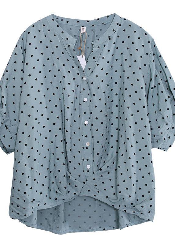 French light blue asymmetric dotted cotton shirts women v neck loose summer tops - bagstylebliss