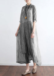 French light gray cotton dresses Mom Inspiration stand collar Art summer Dress - bagstylebliss
