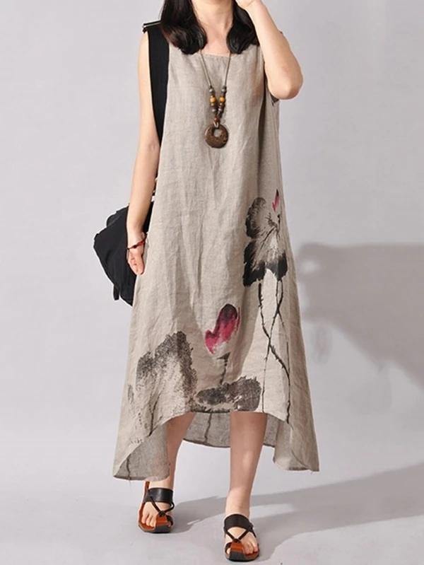 French light gray print cotton linen Soft Surroundings o neck sleeveless Dresses - bagstylebliss