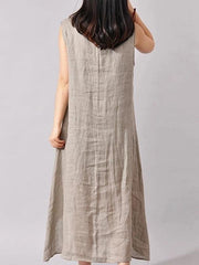 French light gray print cotton linen Soft Surroundings o neck sleeveless Dresses - bagstylebliss