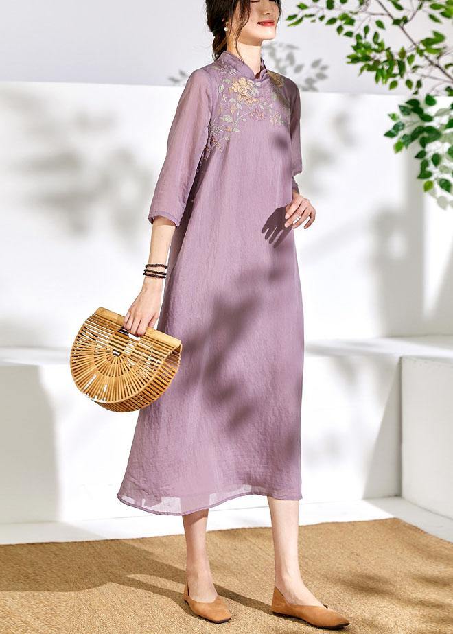 French light purple linen Wardrobes stand collar embroidery Maxi  Dresses - bagstylebliss