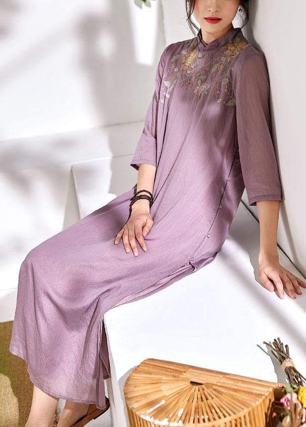 French light purple linen Wardrobes stand collar embroidery Maxi  Dresses - bagstylebliss